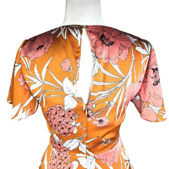 Express Faux Wrap Floral Rust Mustard Yellow Sexy Back Fit & Flare Mini Dress - Picture 9 of 9